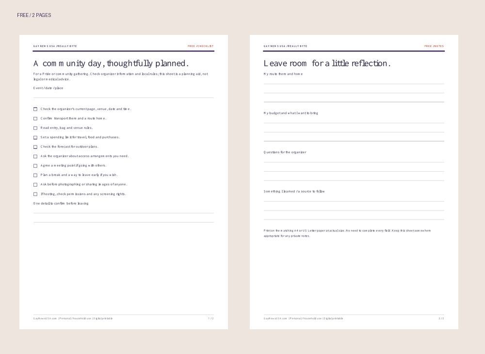Preview of the actual two-page community event checklist and notes sheet